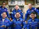 (Front) Scott Tingle, KG5NZA; Alexander Misurkin, and Norishige Kani; (Rear) Anton Shkaplerov, Joe Acaba, KE5DAR, and Mark Vande Hei, KG5GNP. [NASA video]